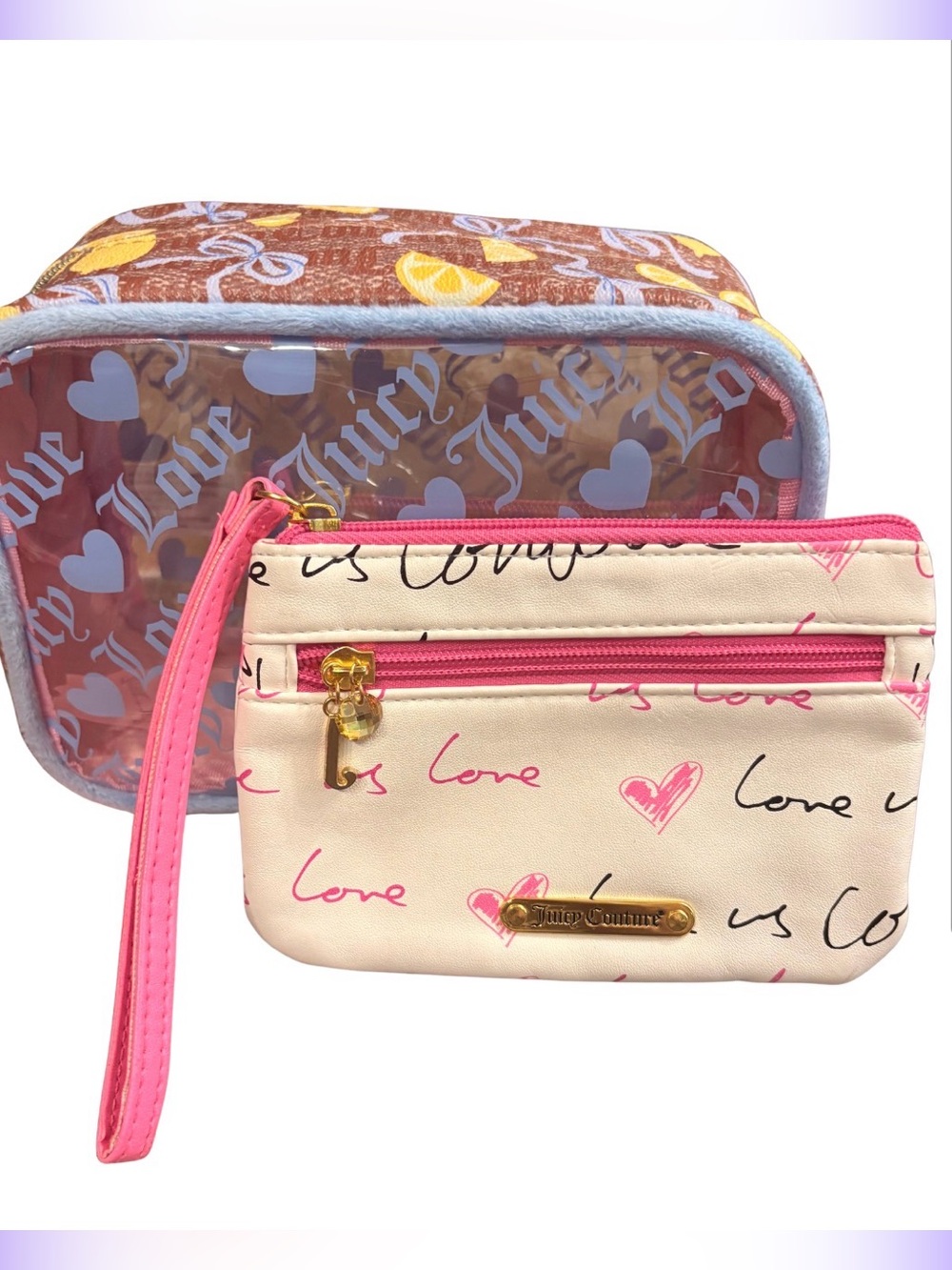 JUICY COUTURE Pink and Cream Love Print Wristlet and Cosmetic Pouch Duo